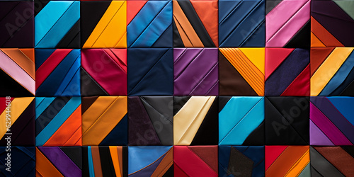 A patchwork of vivid, geometric quilt patterns, each panel a different shape and color, abstract, pop art aesthetic, playful, flat style, monochrome background