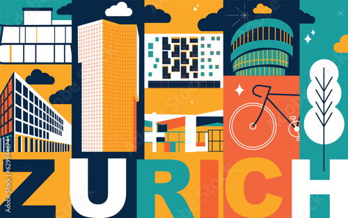 Typography word "Zurich" branding technology concept. Collection of flat vector web icons. Culture travel set, famous architectures, specialties detailed silhouette. Switzerland famous landmark