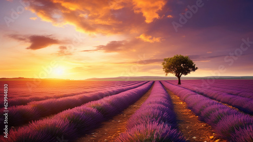 Dreamy landscape, vast lavender fields at sunset, single tree in foreground