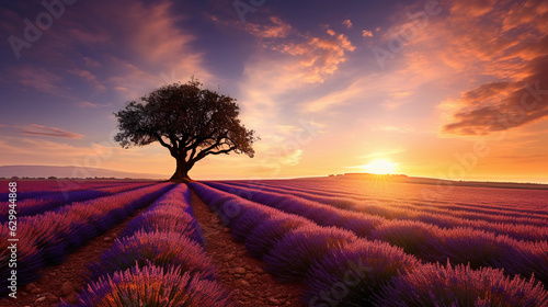 Dreamy landscape, vast lavender fields at sunset, single tree in foreground