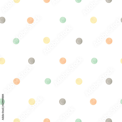 Watercolor seamless pattern multicolor polka dots. Isolated on white background. Hand drawn clipart. Perfect for card, fabric, tags, invitation, printing, wrapping.
