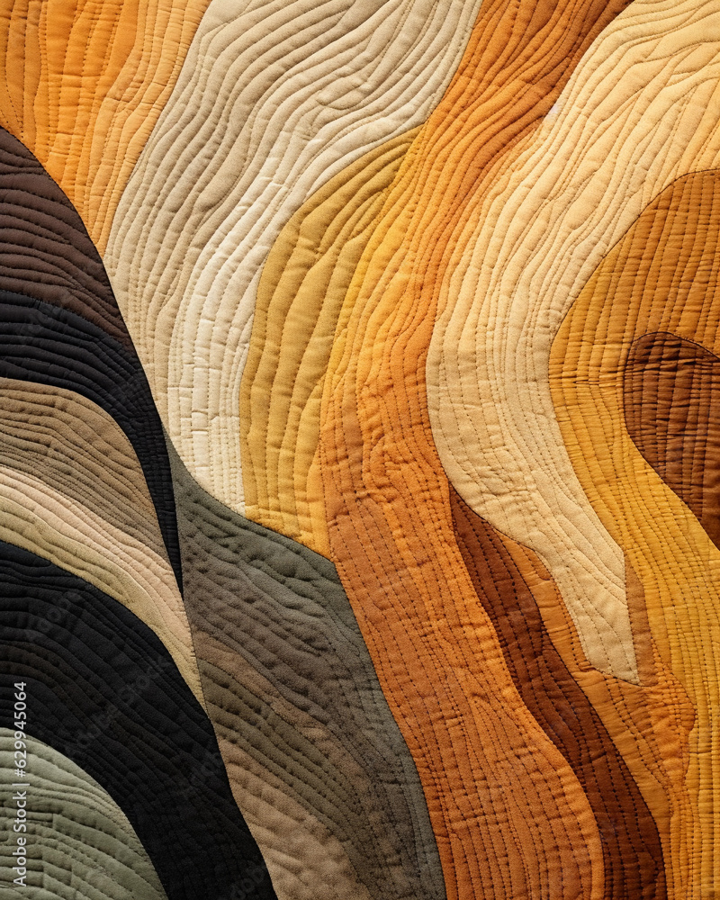 Modern quilted wall hanging, abstract pattern, earth tones, natural light from a nearby window, textural, high - res detail of stitch work Modern quilted wall hanging, abstract pattern, earth tones, natural light from a nearby window, textural, high - res detail of stitch work