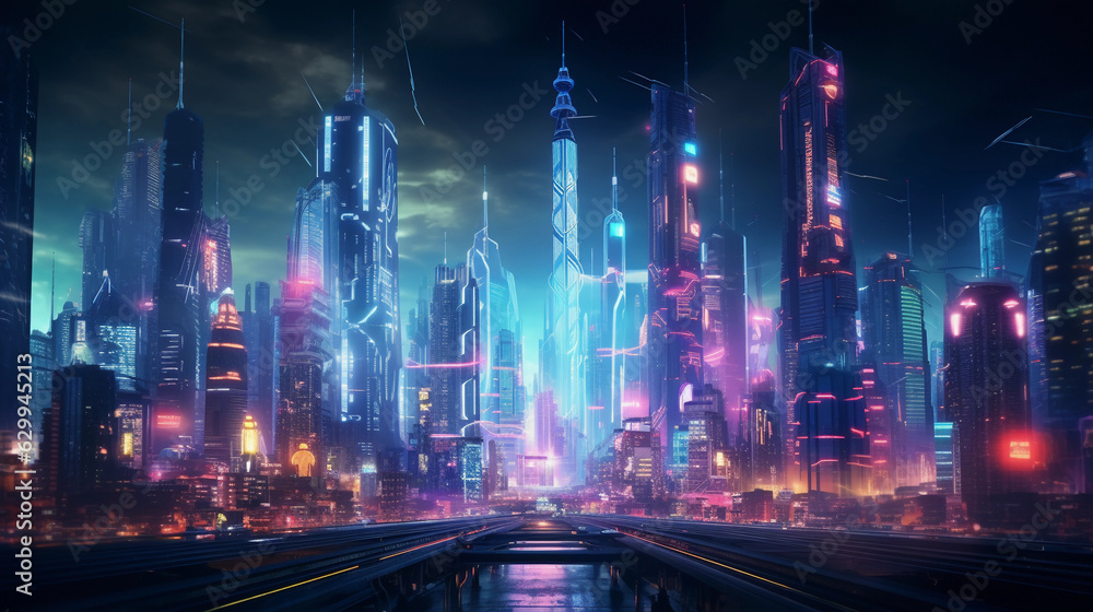 Sci - fi cityscape, flying cars, futuristic skyscrapers, vibrant neon colors