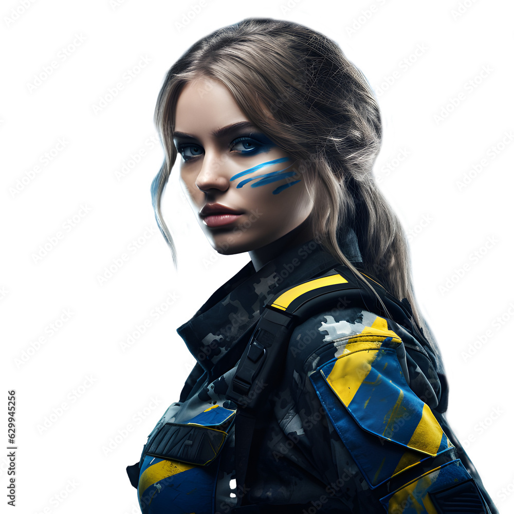 Beautiful attractive soldier girl with a weapon on the background. Ukraine.