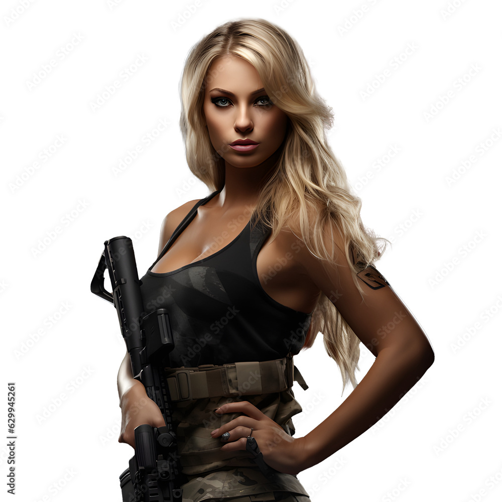 Beautiful attractive soldier girl with a weapon on the background. Ukraine. Beautiful attractive soldier girl with a weapon on the background. Ukraine.