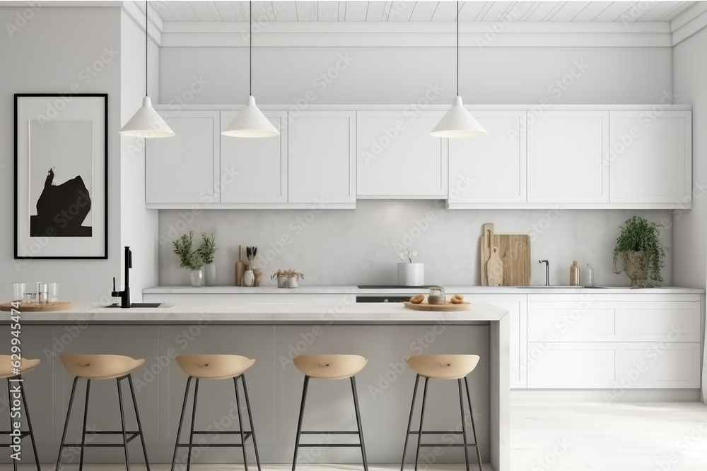 Frame mockup in Scandinavian kitchen interior, AI
