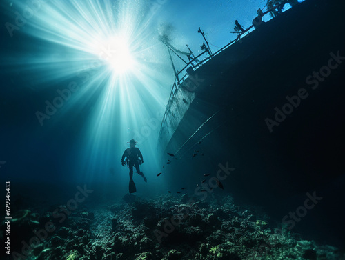 Underwater shot, diver exploring a shipwreck, mysterious, ethereal sunlight beams through water