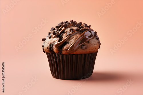 chocolate mud muffin with melted drizzle isolated on plain peach studio background photo