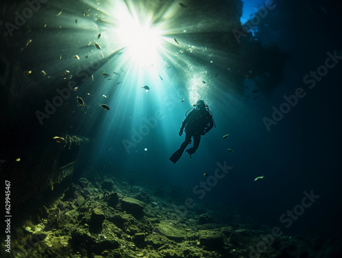 Underwater shot, diver exploring a shipwreck, mysterious, ethereal sunlight beams through water © Marco Attano