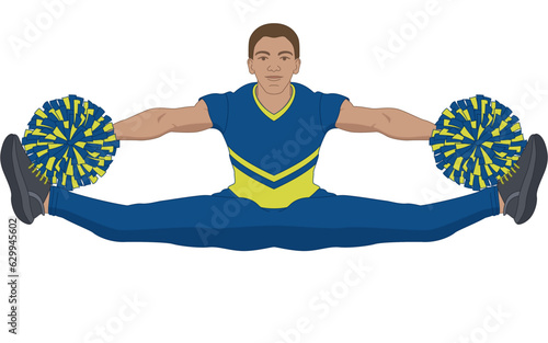 cheerleading, male cheerleader holding pom-poms jumping in X jump isolated on a white background
