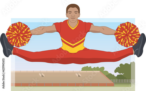 cheerleading, male cheerleader holding pom-poms jumping in X jump with stadium and sky in background