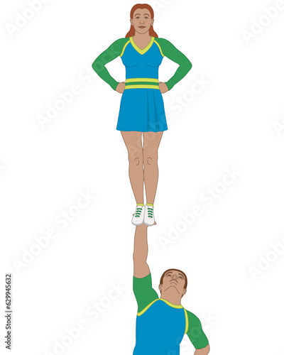 cheerleading, male cheerleader holding up female cheerleader high in air isolated on white background