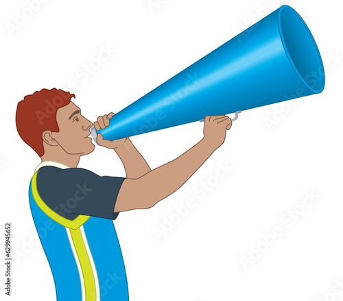 cheerleading, male cheerleader shouting in a megaphone isolated on a white background