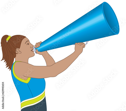 cheerleading, female cheerleader shouting in a megaphone isolated on a white background