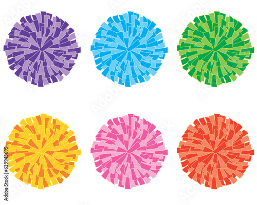 cheerleading, set of six pom-poms, purple, blue, green, yellow, orange, pink, red, isolated on white background