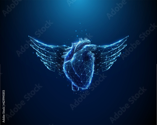 Abstract low poly blue human heart with wings