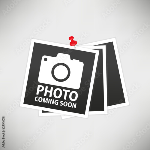 Photo coming soon. Picture frame. Red pin. Retro vintage photograph with red push pins. Digital snapshot image. Picture frame. Vector illustration