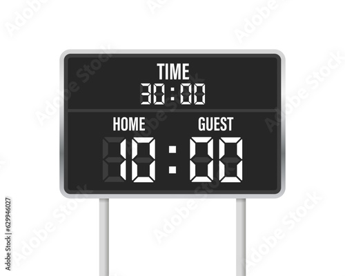 Scoreboard. Number count timer numeric down date mechanic panel countdown stadium match goal football sport game draw, vector design. Vector illustration