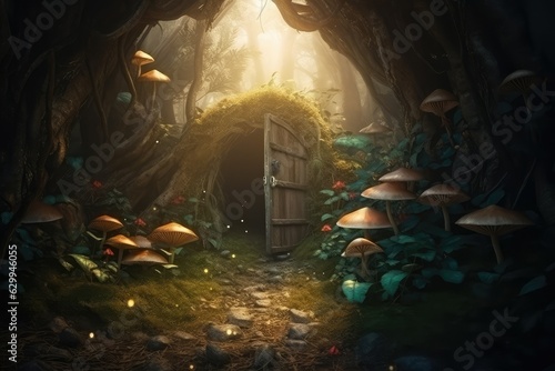 Fantasy enchanted fairy tale forest with magical opening door, AI generated