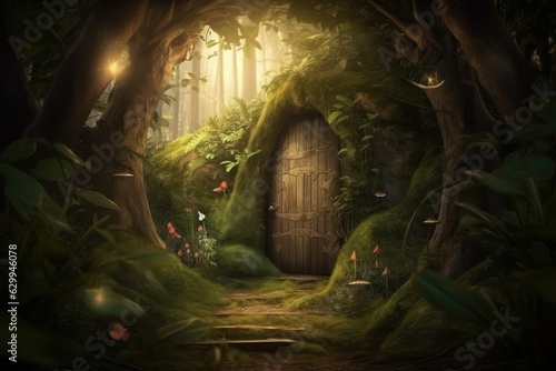 Fantasy enchanted fairy tale forest with magical opening door