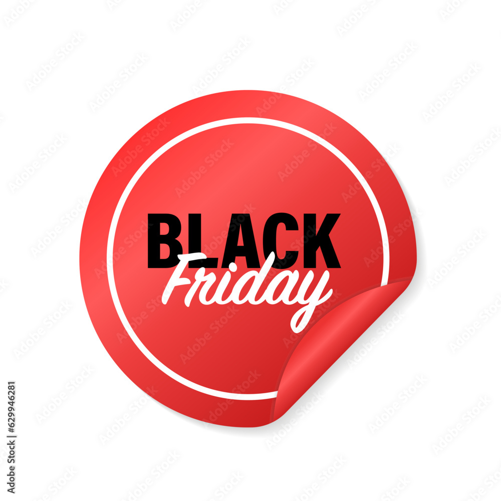 Black Friday sale red sticker, round banner, advertising. Isolated on white background. Special offer price sign. Advertising Discounts symbol. Circle sticker mockup banner. Vector illustration Black Friday sale red sticker, round banner, advertising. Isolated on white background. Special offer price sign. Advertising Discounts symbol. Circle sticker mockup banner. Vector illustration