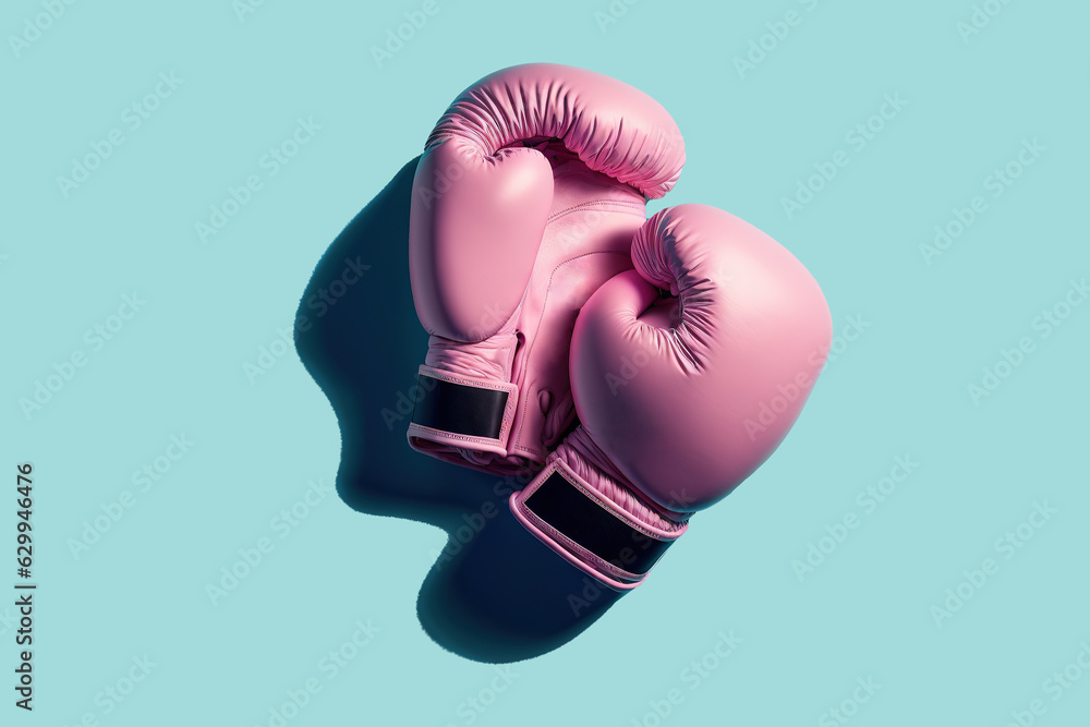 Poster Print Pink boxing gloves on the left side on turquoise blue background 40x26.7 cm