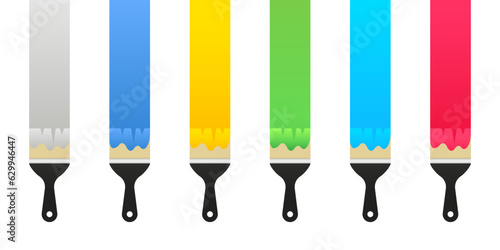 Set of colorful Brushes with paint. Set of paint brushes with variations of colors: pink, blue, yellow, red, black. Design elements collection in cartoon minimal style. Vector illustration