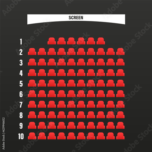 Cinema seats booking online ui design scheme or film movie theatre places reservation template layout vector flat cartoon illustration, theater places map choose ui top view. Vector illustration