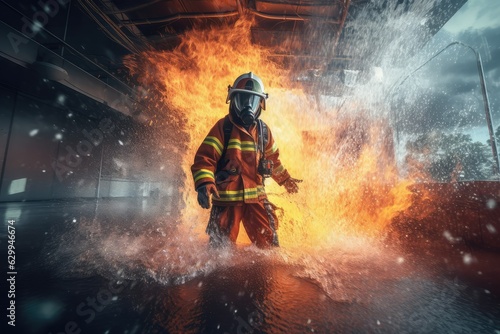 fireman using water and extinguisher to fighting with fiames, AI generated photo