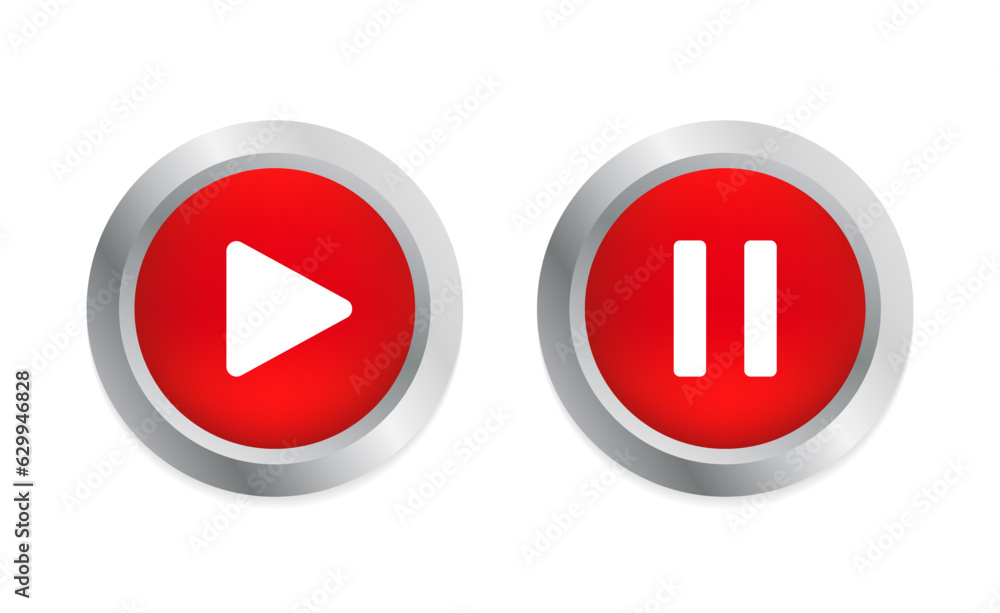 Play and pause glossy button. 3D flat button. Social media pause video in background. Red round play button for 3d pause multimedia with colorful concept of video, audio playback. Vector illustration Play and pause glossy button. 3D flat button. Social media pause video in background. Red round play button for 3d pause multimedia with colorful concept of video, audio playback. Vector illustration