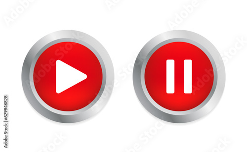 Play and pause glossy button. 3D flat button. Social media pause video in background. Red round play button for 3d pause multimedia with colorful concept of video, audio playback. Vector illustration