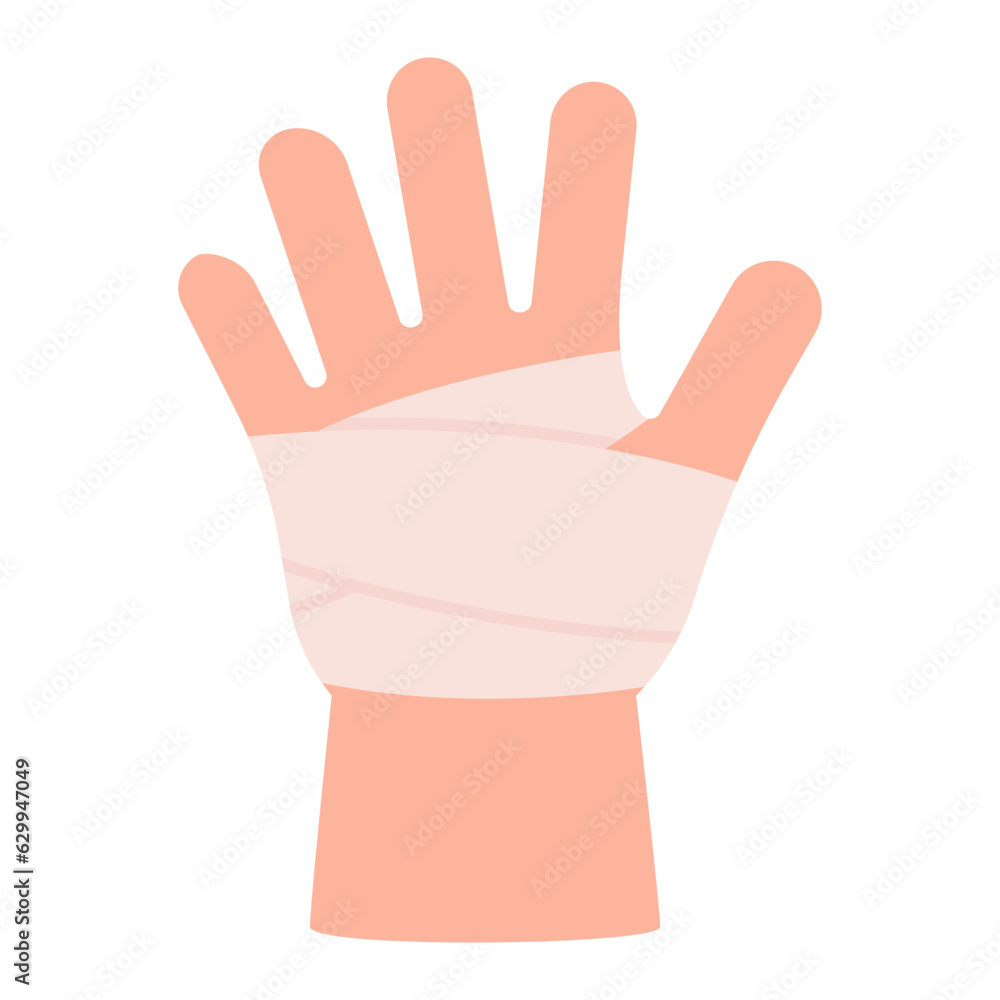 Child hand with bandage. First aid in case of accident, protection in case of burn of skin, physical trauma, wound. Clean bandage, patch. Injury human hand. Vector Child hand with bandage. First aid in case of accident, protection in case of burn of skin, physical trauma, wound. Clean bandage, patch. Injury human hand. Vector