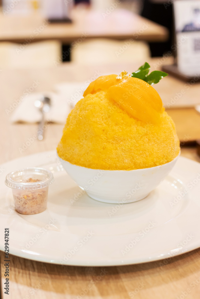 Shaved ice with marian plum. Thailand traditional summer season fruit Marian Plum shaved ice serve in white bowl. Shaved ice with marian plum. Thailand traditional summer season fruit Marian Plum shaved ice serve in white bowl.