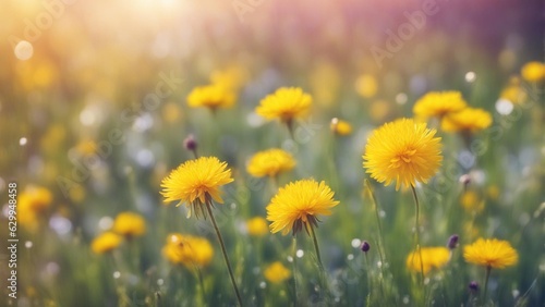 Wildflowers and yellow dandelions on a bright sunny day with beautiful bokeh