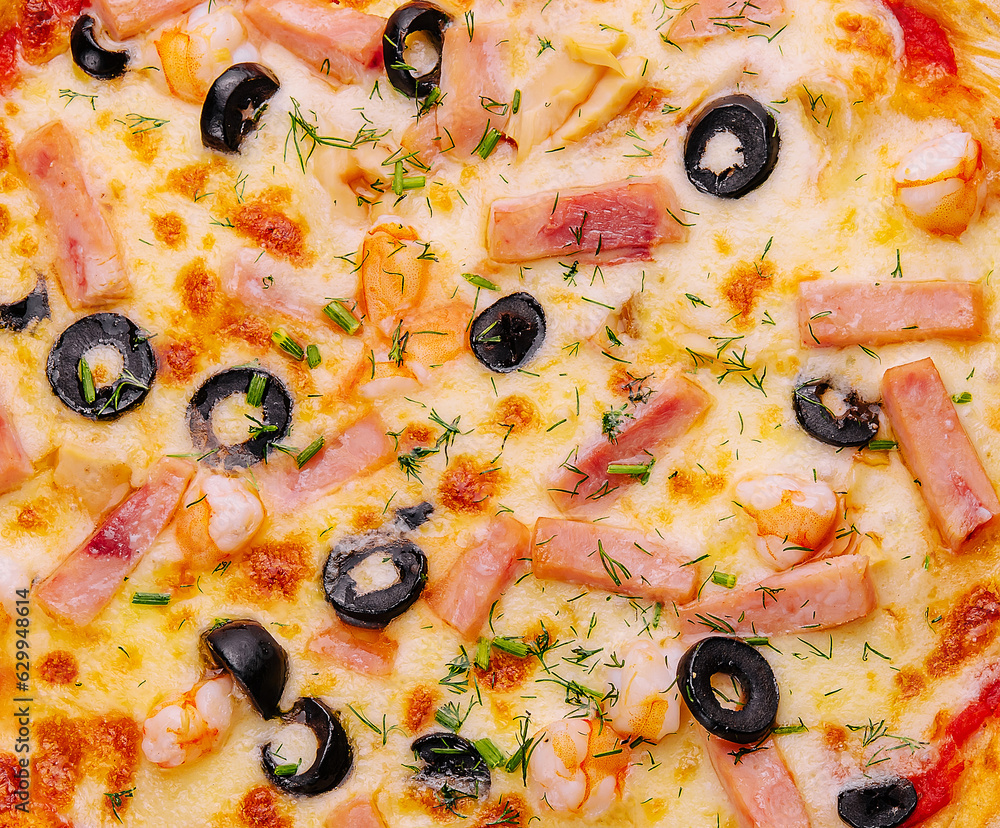 Delicious fresh seafood oven pizza on top view