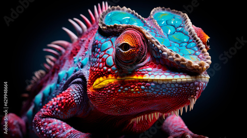 Chameleon on the dark background. Beautiful extreme close-up