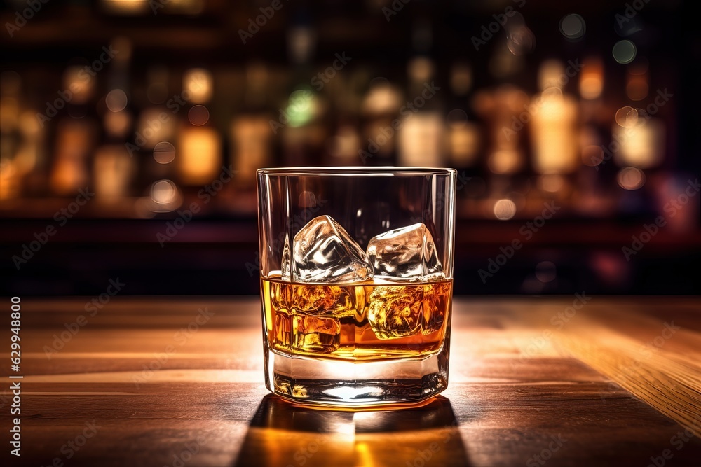 Close-up view of a glass of whiskey on a wooden table in bar. Close-up view of a glass of whiskey on a wooden table in bar.