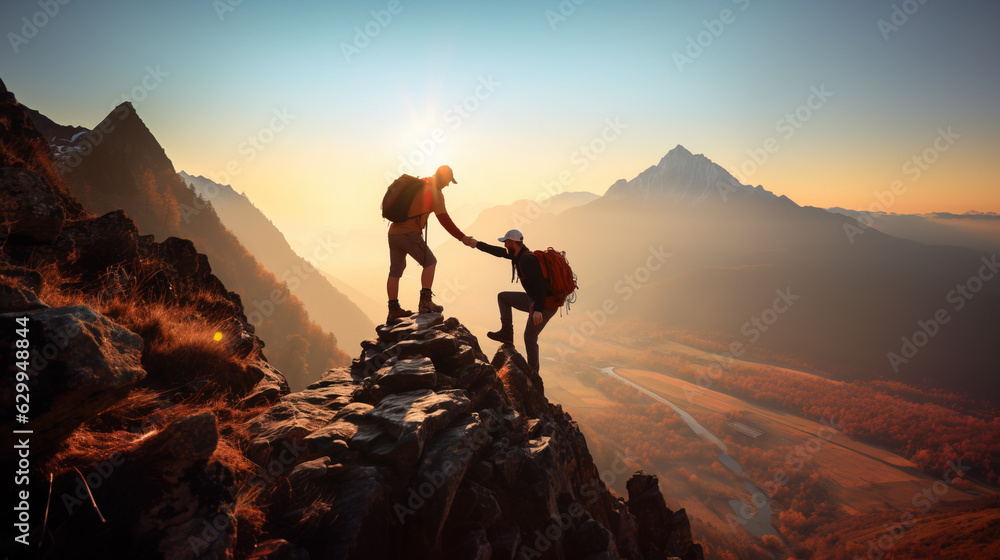 Teamwork concept with man helping friend reach the mountain top,  Generative Ai illustration - obrazy, fototapety, plakaty 
