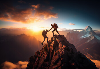 Hiker helping friend reach the mountain top, Generative Ai illustration