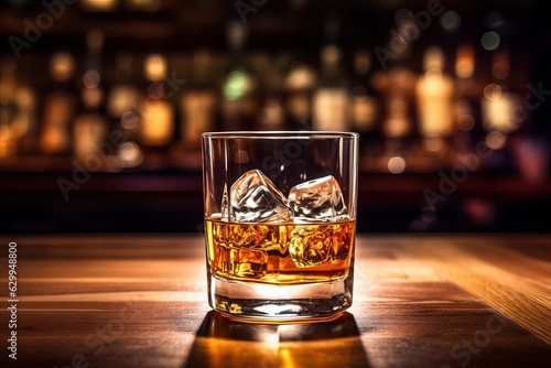 Close-up view of a glass of whiskey on a wooden table in bar.