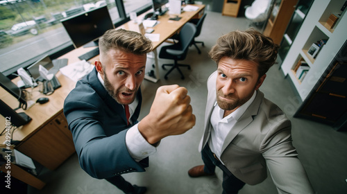 Two men in business suits taking a selfie where they try to look threatening,  Generative AI illustration © IBEX.Media