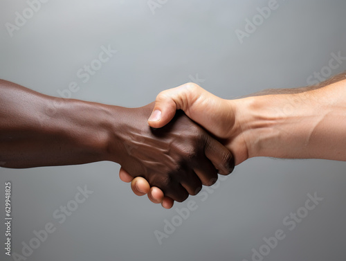 Close-up hand shake between black and  white men, Generative AI illustration