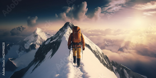 Mountaineer reaching the mountain top, Generative AI illustration