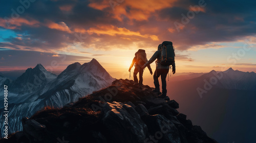 Two men walking on mountain top at sunset overlooking majestic mountains, Generative Ai illustration