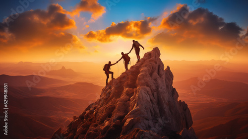 Teamwork concept with friends holding hands close to mountain top, Generative Ai illustration © IBEX.Media