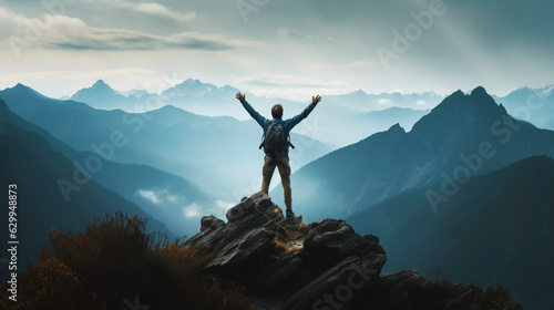 Positive man celebrating on mountain top  with arms raised up   Generative AI illustration