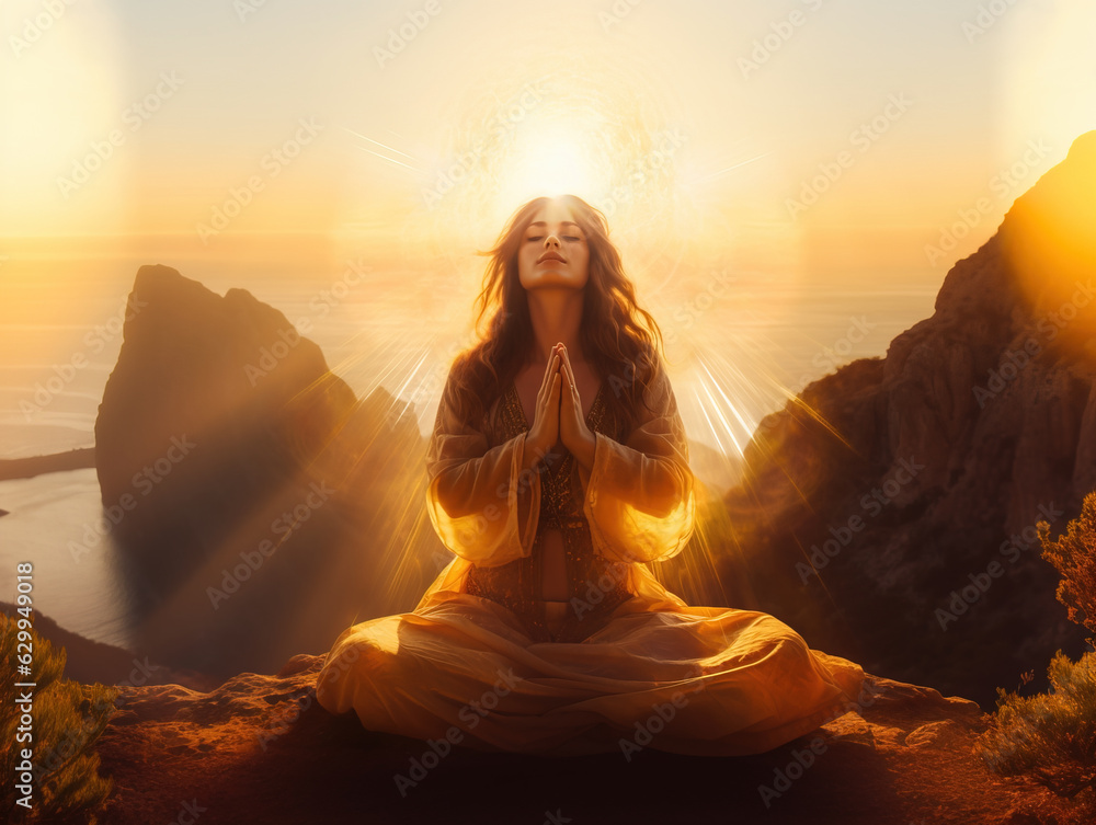 Boho woman meditating on cliff edge in bright evening sunlight, Generative AI illustration - obrazy, fototapety, plakaty 