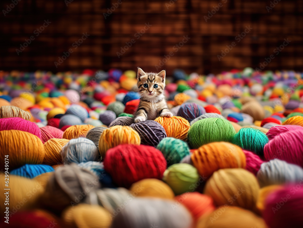 Kitty standing in huge pile of yarn string, Generative AI illustration