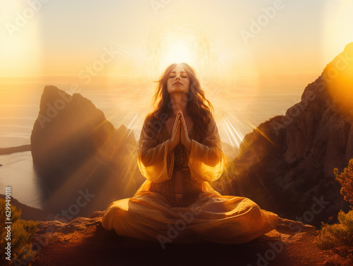 Boho woman meditating on cliff edge in bright evening sunlight, Generative AI illustration