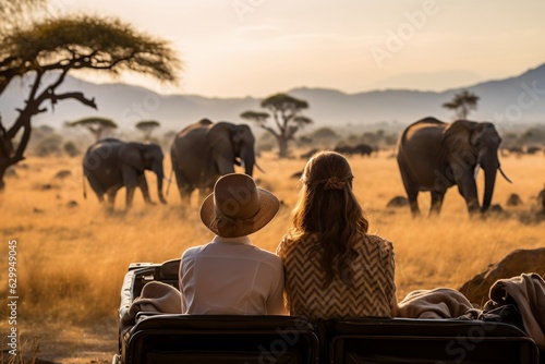 A family observing a herd of elephants from their vantage point  Generative Ai